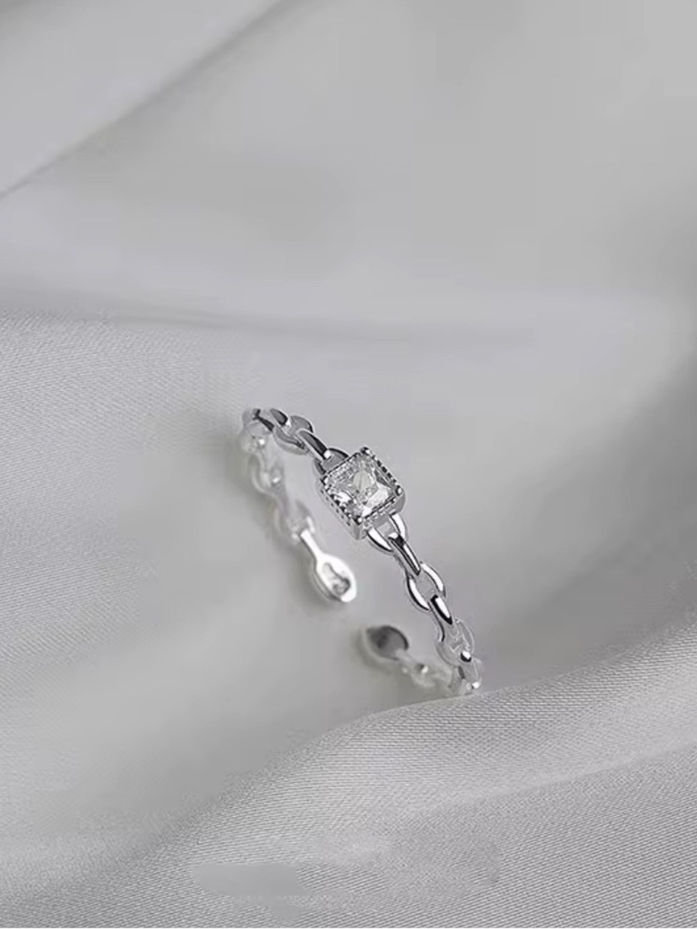 Sterling Silver Chain Ring with Square CZ Accent Minimalist